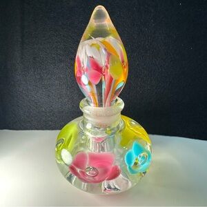 Joe St. Clair Art Glass Perfume Bottle- Clear with Pastel Flowers- VINTAGE MCM